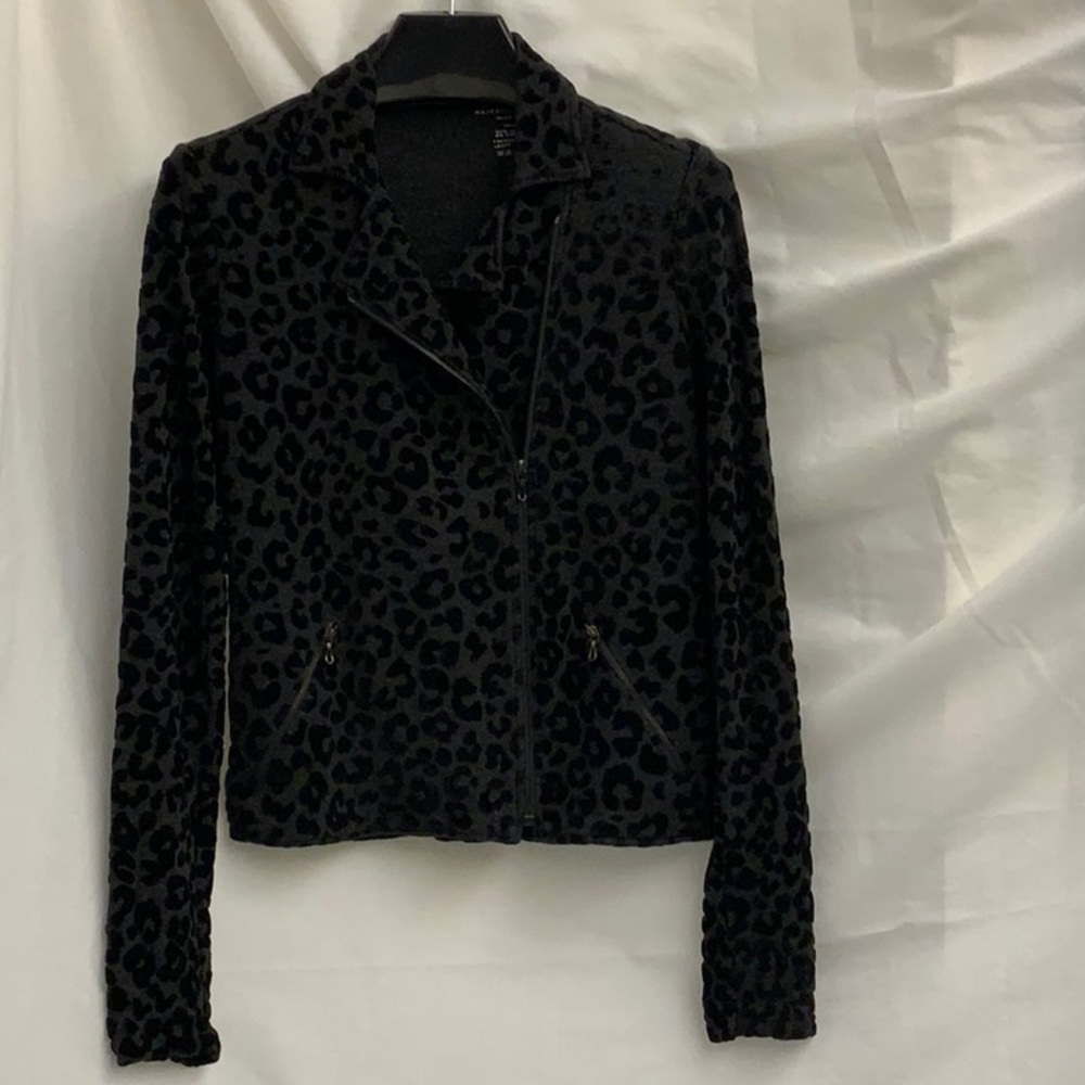 Majestic Filatures Black and Gray Leopard Stretchy Moto Jacket with Zippers (S)